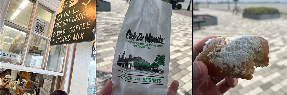 Cafe Du Monde takeout window, bag full of beignets, and a powdered-sugar encrusted beignets in the process of getting demolished