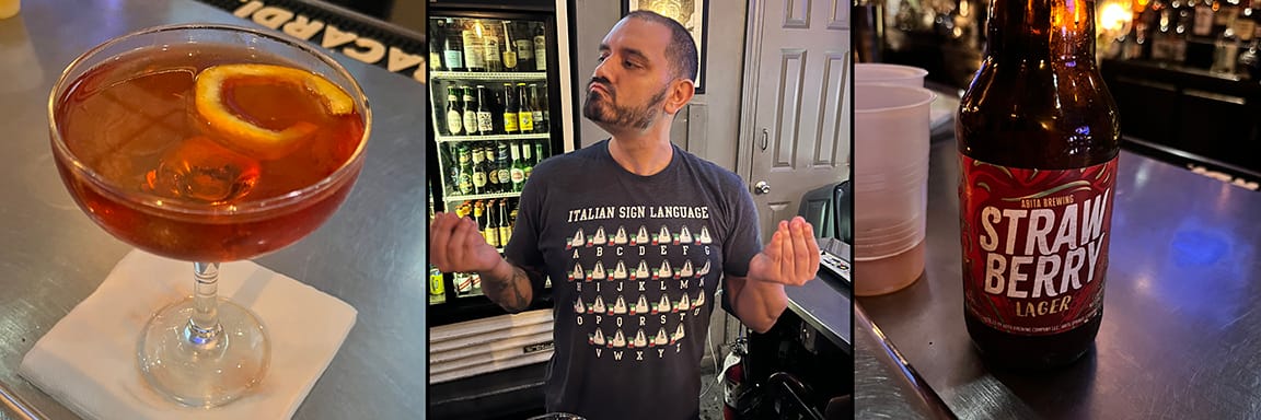 A perfectly constructed Negroni, our bartender Greg, and a bottle of the preposterous Abita Strawberry Lager.