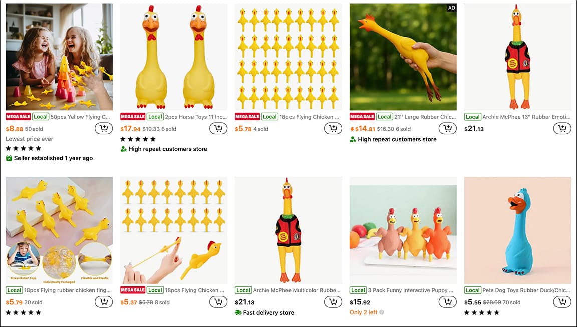 ALT: Search result for “rubber chicken” at TEMU. https://www.temu.com/search_result.html?search_key=rubber%20chicken&search_method=suggest&refer_page_el_sn=200252&srch_enter_source=top_search_entrance_10005&sprefix=rubber%20chicken&_x_sessn_id=73rlsjb2w4&refer_page_name=home&refer_page_id=10005_1746130867289_zeey2agwof&refer_page_sn=10005