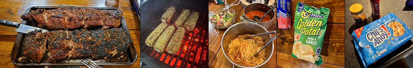 Ribs, grilled corn, linguini with tuna fish sauce, Wise Onion & Garlic potato chips, Chips Ahoy!