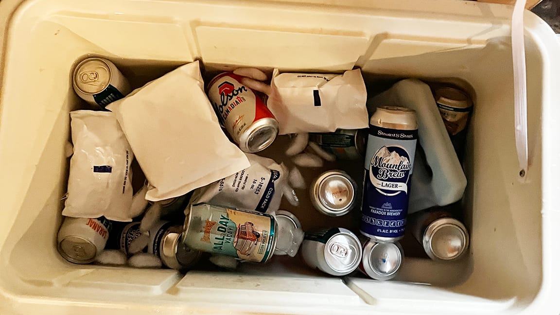 Beers in the cooler. Al-Day IPA, Molson Canadian lager, Saranac Weekend Warrior, Stewarts Mountain Brew by Paradox brewery