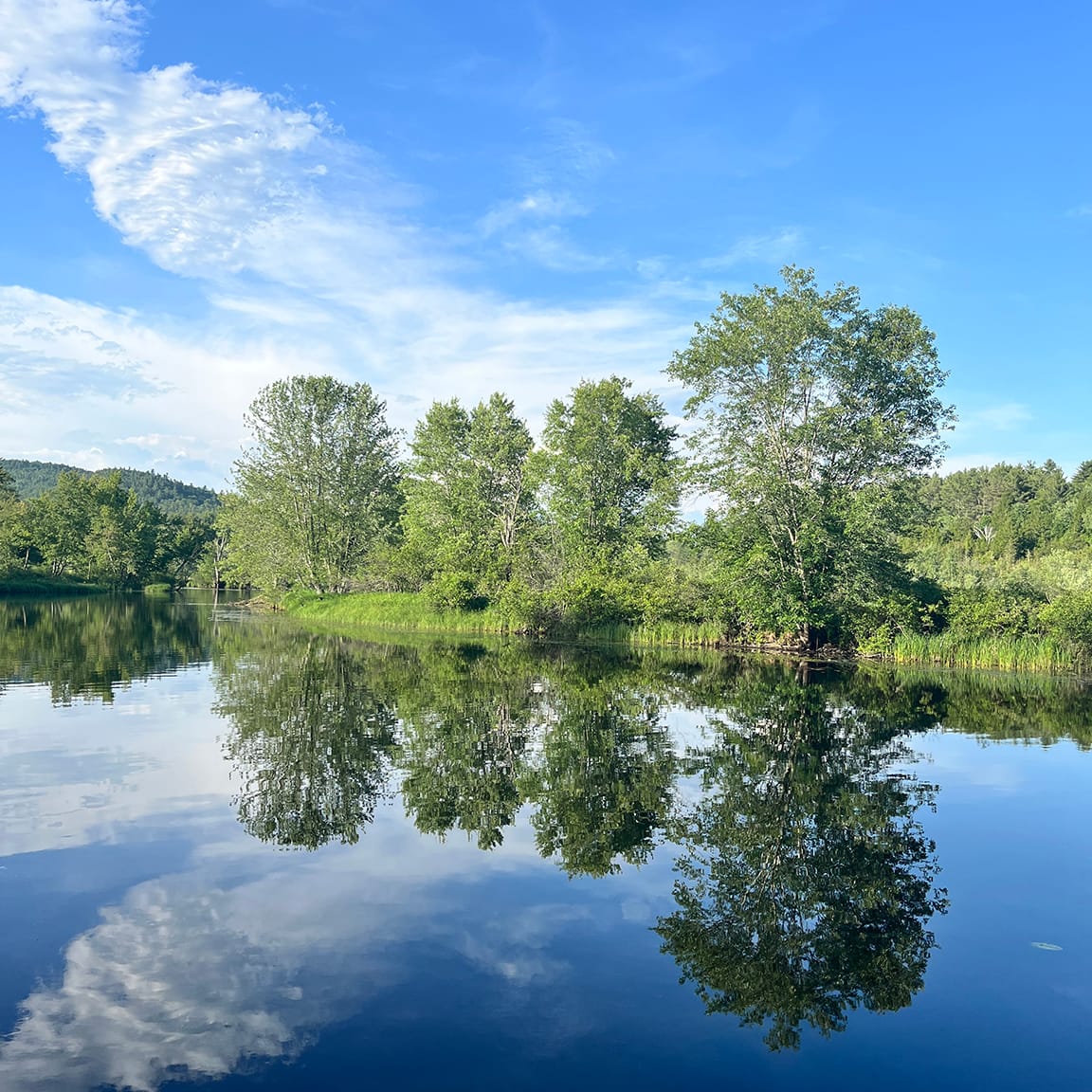 Blue sky with white clouds above a row of trees mirrored in almost perfectly smooth water.