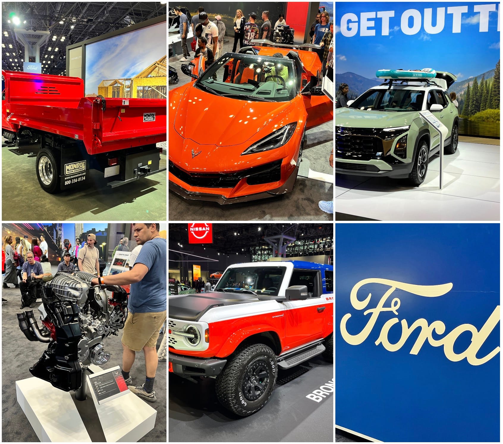 A shiny red dump truck, an orabnge Corvette, A pale green Chevy SUV with a standup paddleboard on the roof rack, a car engine on a display stand, a red, white, and blue Ford Bronco, the Ford logo.