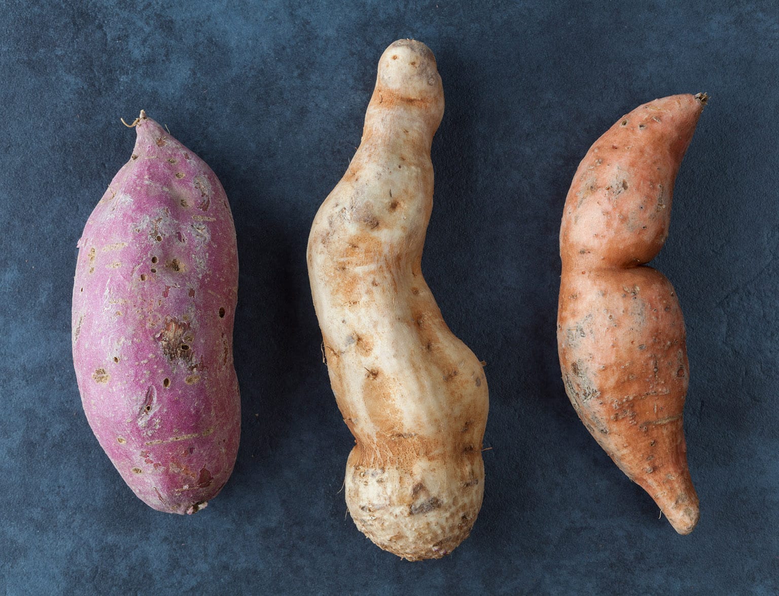 Purple, white, and orange sweet potatoes