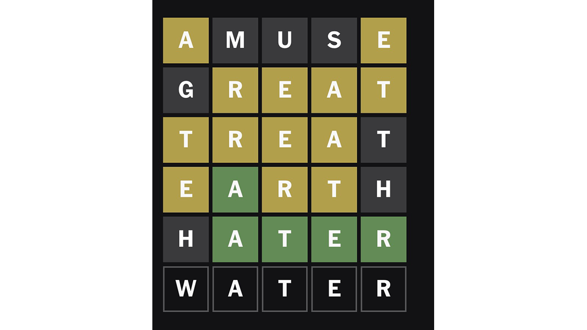 1: AMUSE 2: GREAT 3: TREAT 4: EARTH 5: HATER 6: WATER