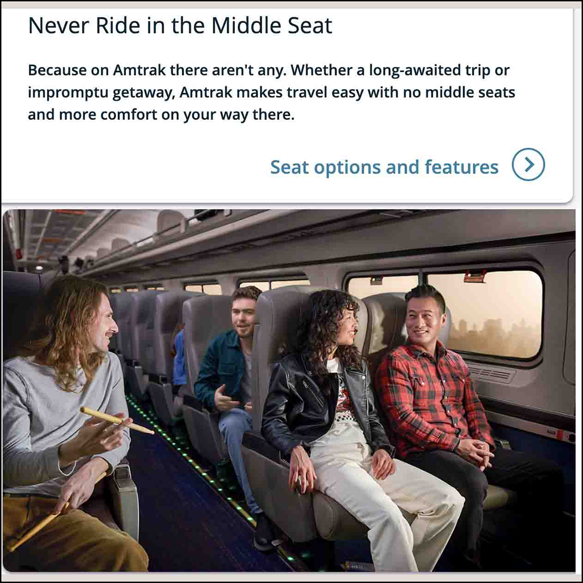 Photo of two happy folks on the right enjoying their AMTRAK journey and then on the left is longhair 70s moustache DRUMSTICKS GUY holding some drumsticks talking to his bro who is sitting behind nice people who to be honest do seem a bit uncomfortable and trying to ignore the bro-down.
