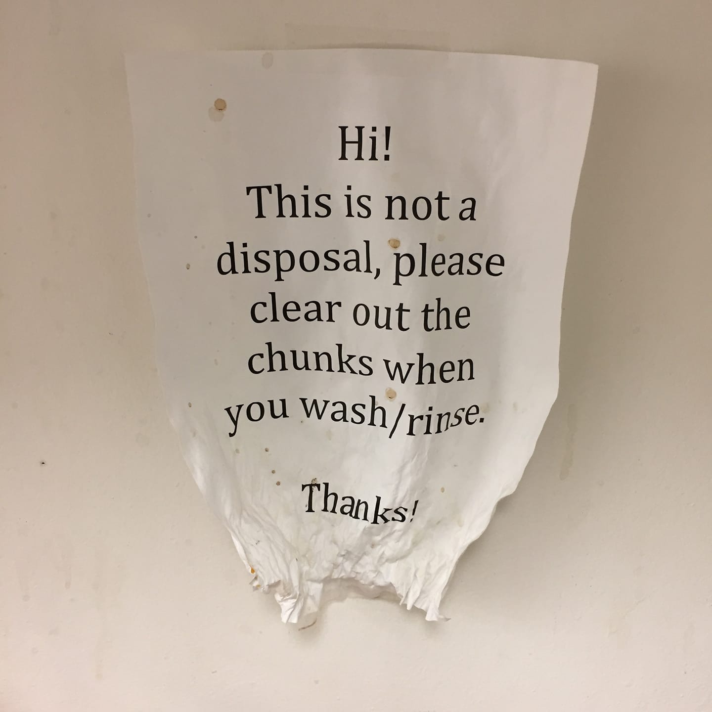 Hi! This is not a disposal, please clear out the chunks when you wash/rinse. Thanks!
