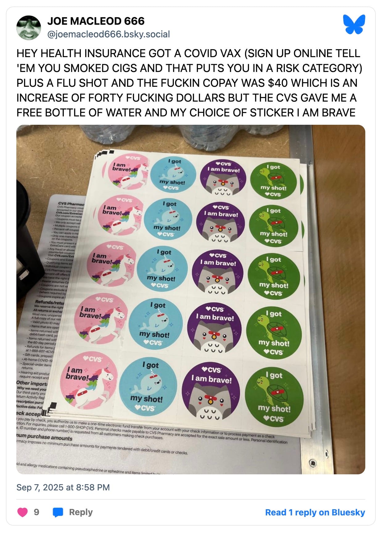 CHOICE OF CVS LOGO STICKERS: UNICORN (PICTURED W/BANDAID ON FLANK) I AM BRAVE, NARWHAL (PICTURED W/BANDAID AT BASE OF TUSK) I GOT MY SHOT, OWL (PICTURED W/BANDAID ABOVE BEAK)  I AM BRAVE, TURTLE (PICTURED W/BANDAID ON SHELL) I GOT MY SHOT