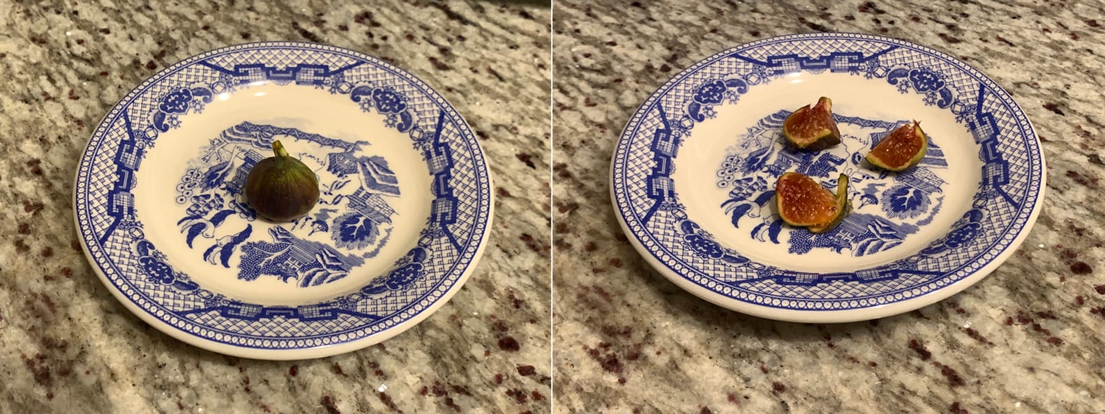 Two images: A single fig on a blue plate and then the fig cut up into three pieces