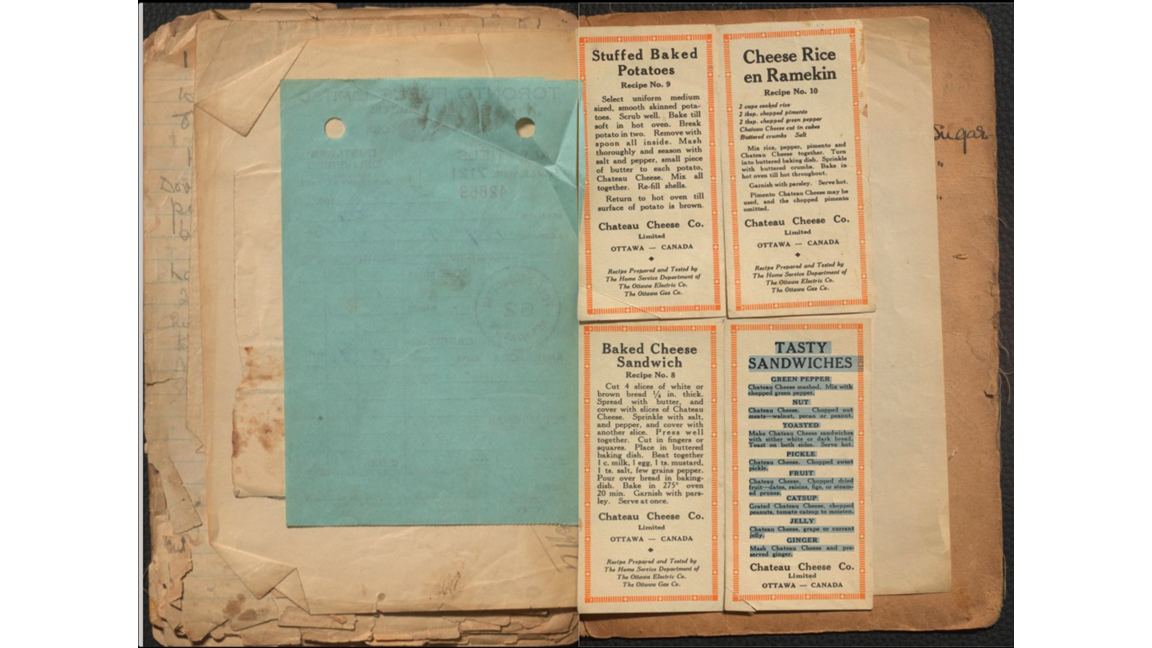 Image of the crumbling pages of the manuscript and the recipe items from the gas company cut out and pasted in.