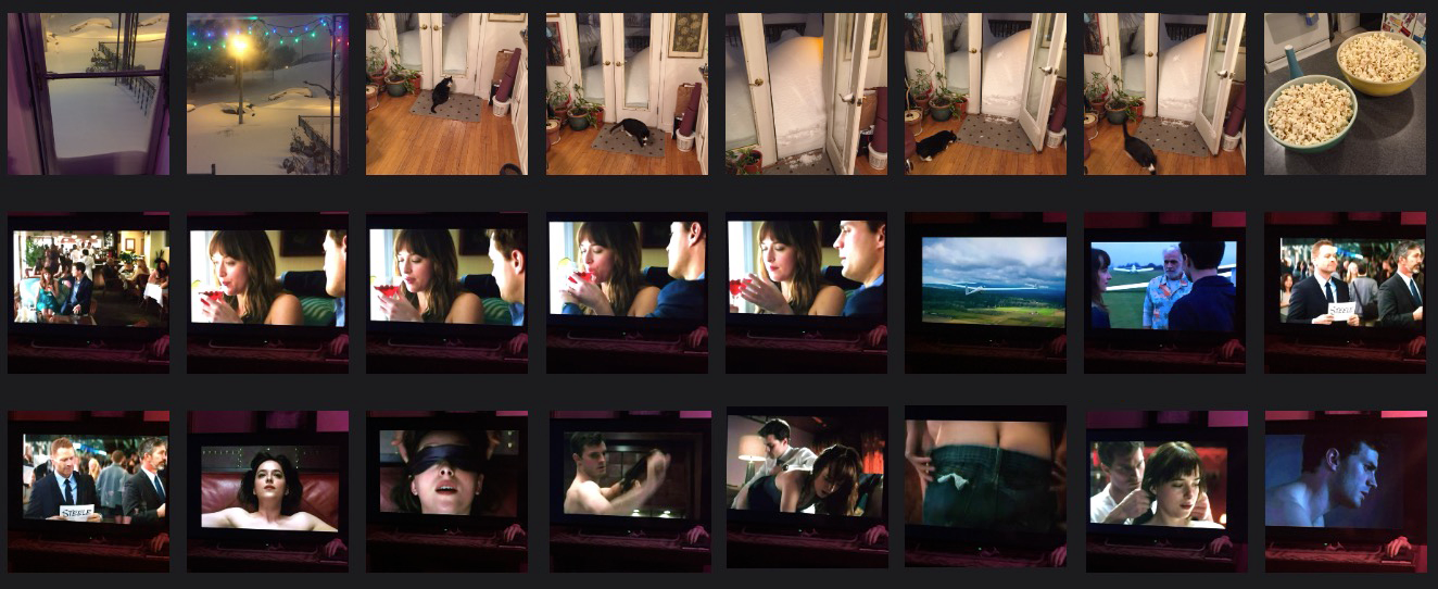 Snowstorm viewed from inside the house, the cat confronting a towering pile of snow beyond the door to the deck, and images from the movie I shot on my phone for tweets.