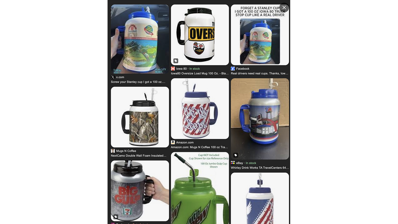 Google search image result displaying 100-ouncer mugs from TA TRAVEL CENTER and 7-ELEVEN and IOWA 80