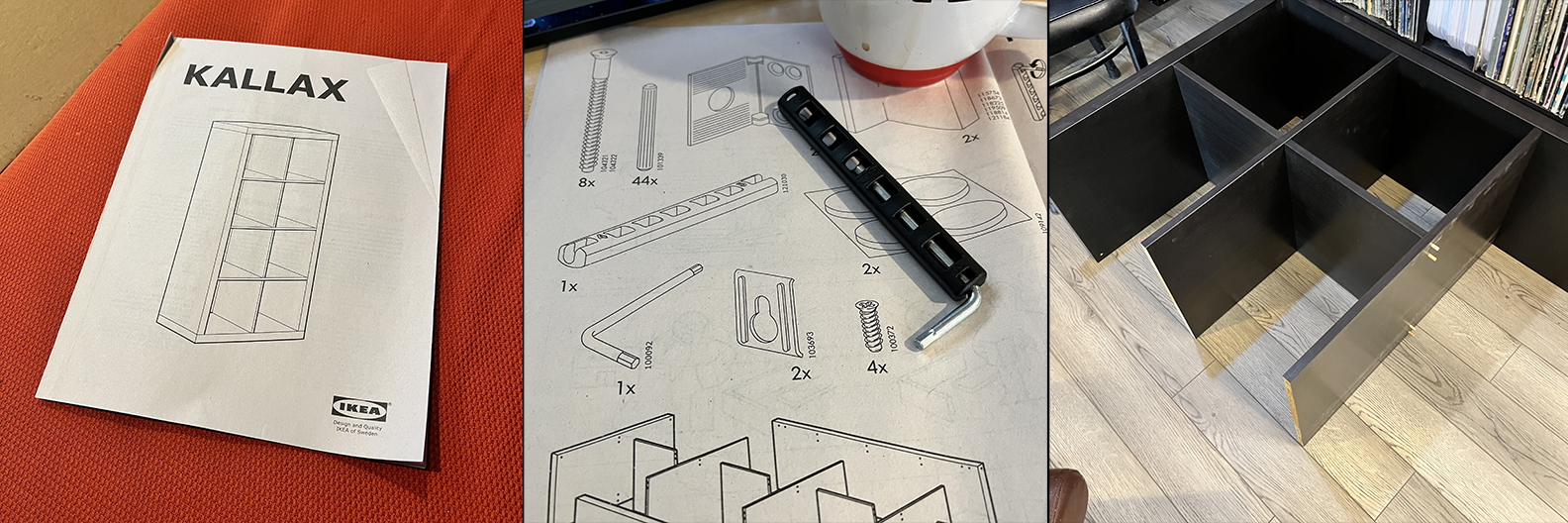 Instructions for my new KALLAX and a page of the instructions showing the breakdown of the new tool-helper-thing and a picture of my KALLAX in progress on the floor in my Rumpus Room.