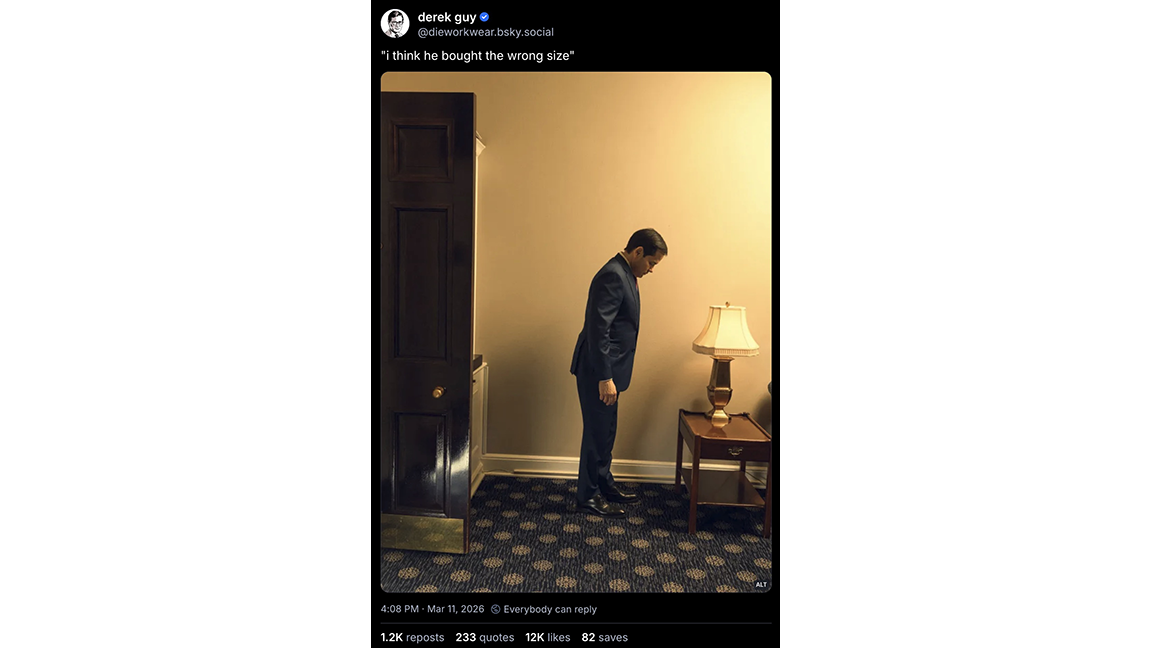 An image, could be real, could be fake, of Marco Rubio looking down at his shoes, which are way too big