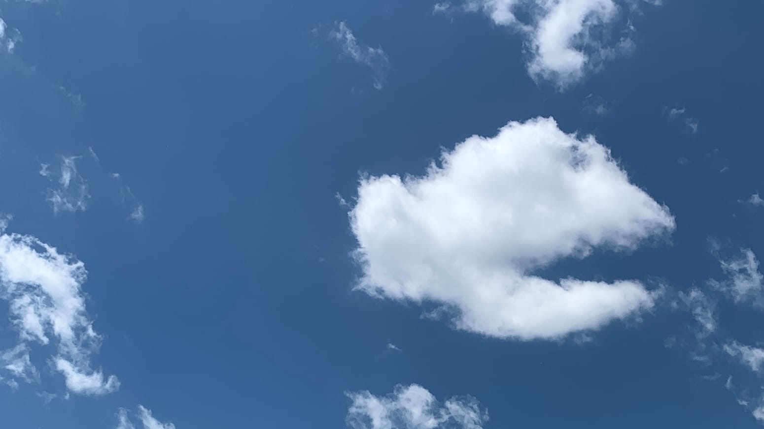 A sky of deep but slightly dusty blue scattered with small white clouds and cloud-shreds. The most solidly formed cloud, in the right middle of the frame, looks sort of like an open-jawed fish head. 