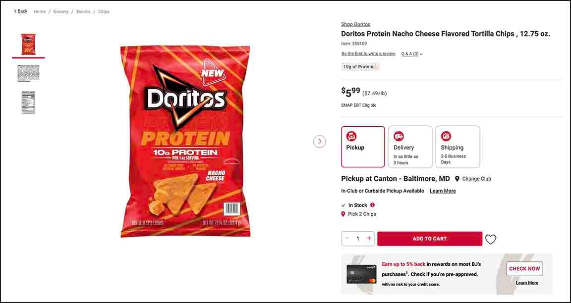 Product listing for a bag of PROTEIN DORITOS