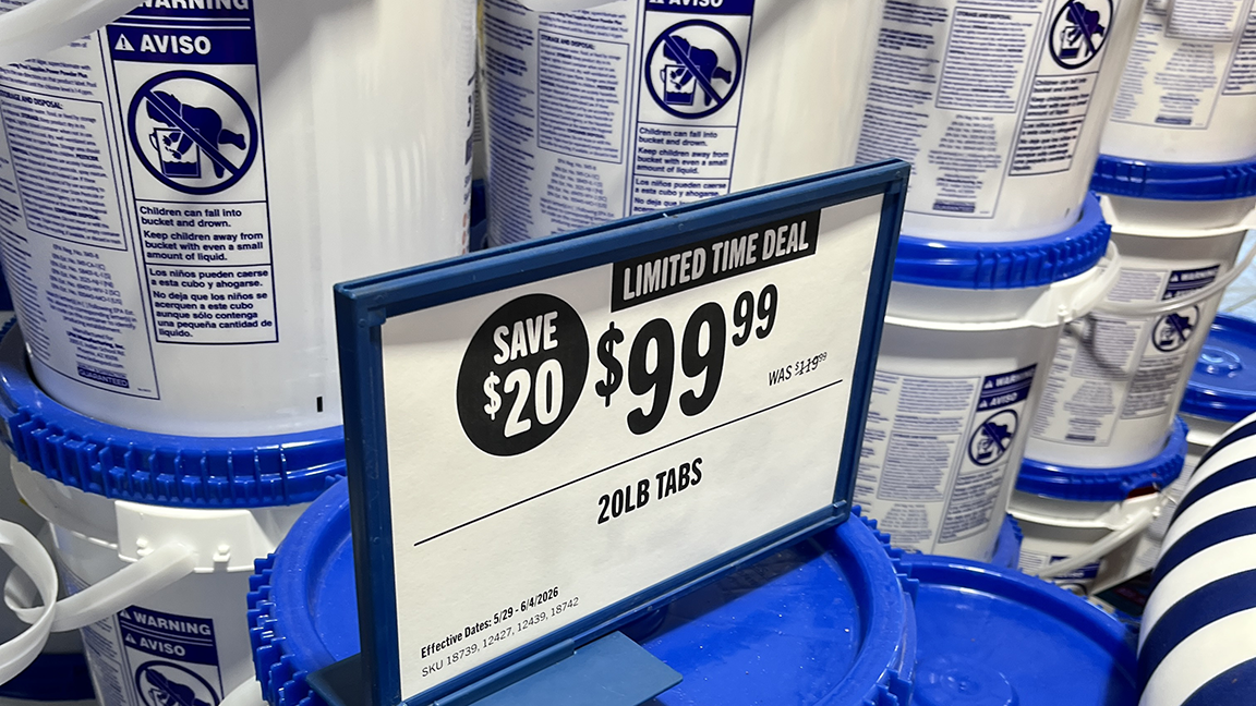 20 lb. tubs of chlorine at the pool store. $99 "limited time deal."