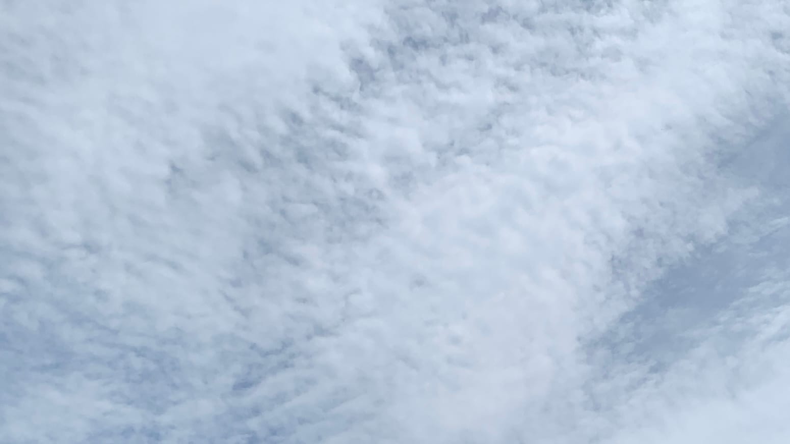 A patch of sky with smooth yet rumpled white clouds spread on it, like the first spatula's worth of frosting put on a cake, with light blue showing through in the gaps.