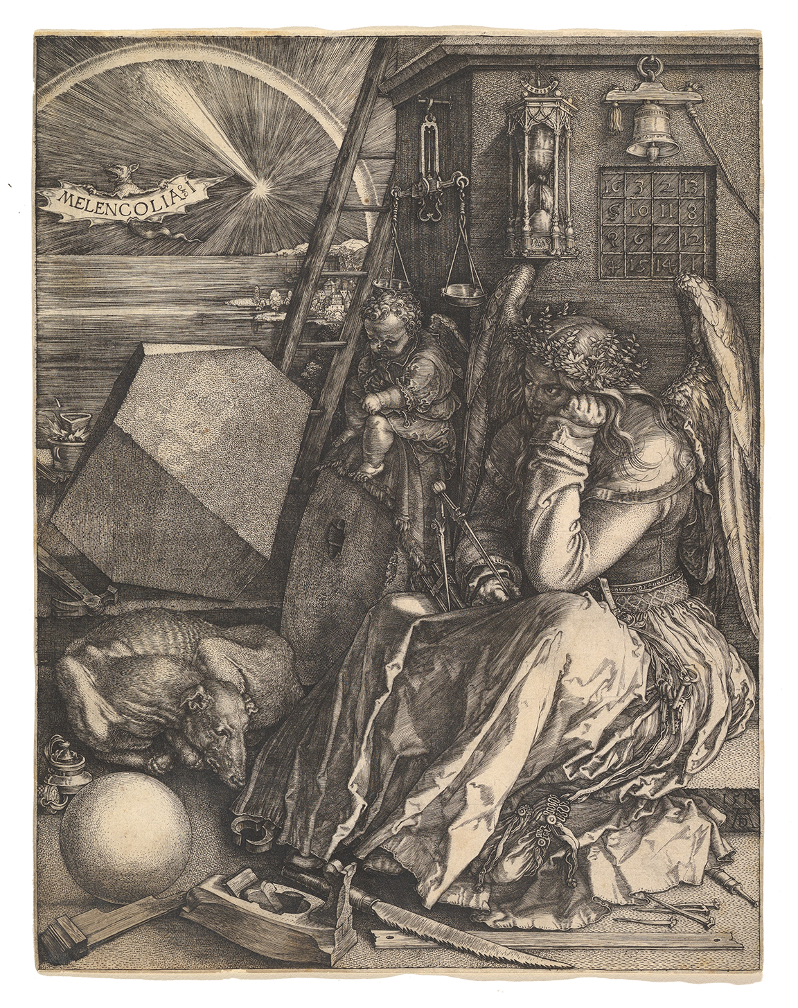 The winged personification of Melancholy, seated dejectedly with her head resting on her hand, holds a caliper and is surrounded by other tools associated with geometry, the one of the seven liberal arts that underlies artistic creation--and the one through which Dürer, probably more than most artists, hoped to approach perfection in his own work. An influential treatise, the De Occulta Philosophia of Cornelius Agrippa of Nettesheim, almost certainly known to Dürer, probably holds the explanation for the number I in the title: creativity in the arts was the realm of the imagination, considered the first and lowest in the hierarchy of the three categories of genius. The next was the realm of reason, and the highest the realm of spirit. It is ironic that this image of the artist paralyzed and powerless exemplifies Dürer's own artistic power at its superlative height.