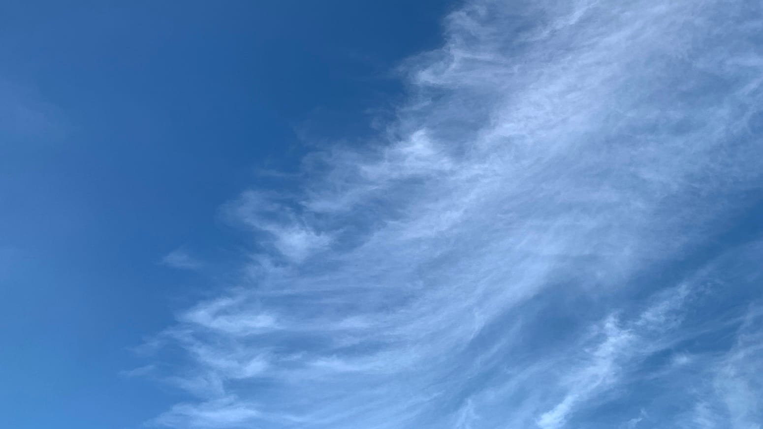 A patch of blue sky, cloudless along the left side in a sort of triangle from the upper left corner to a little past the middle of the top, with translucent wispy cirrus overlaid on the rest of the frame. 
