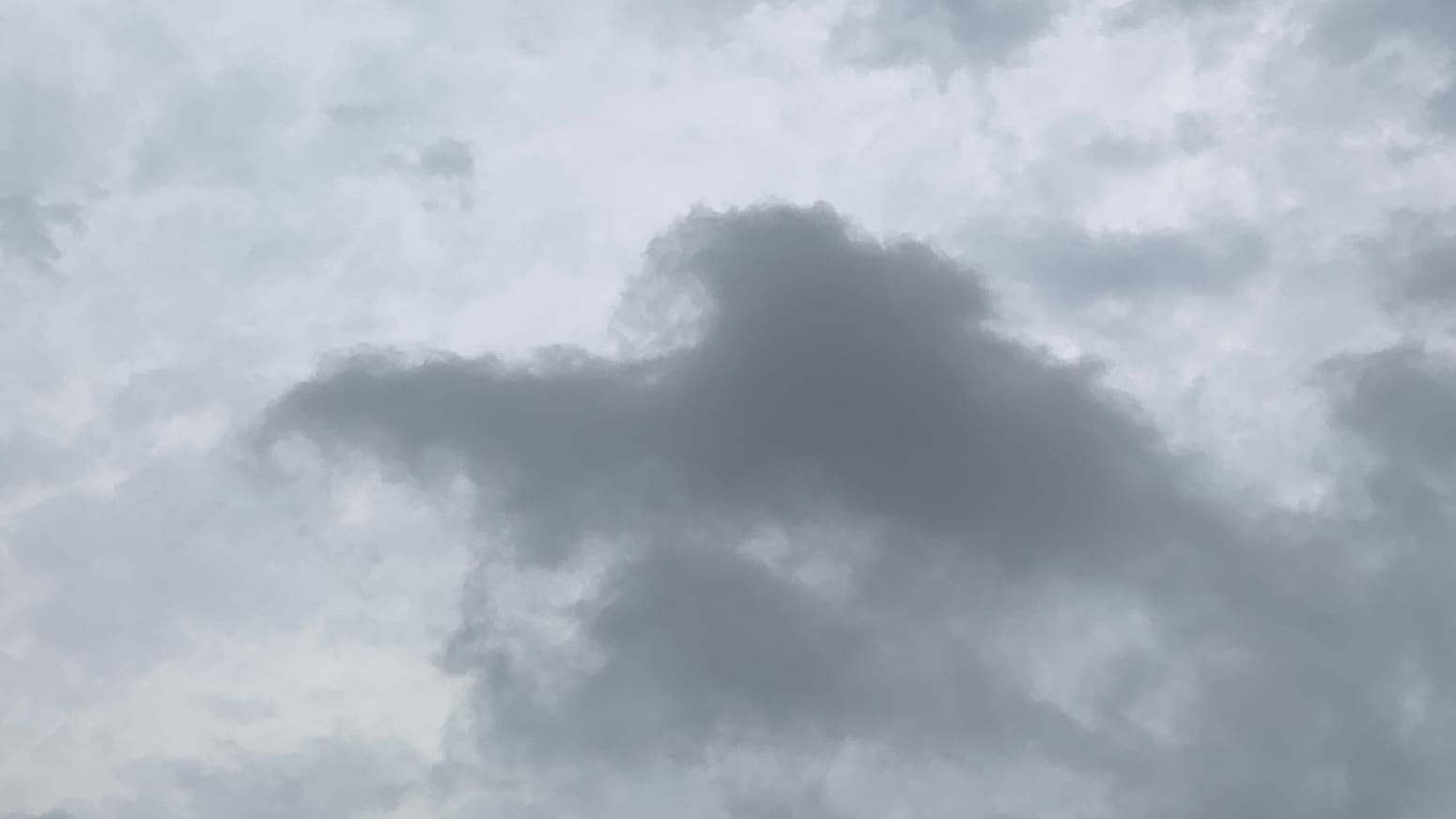 A patch of cloudy sky with darker gray clouds sort of rearing up and arcing from the lower right corner across the middle of the frame over choppy-looking lighter gray clouds.  