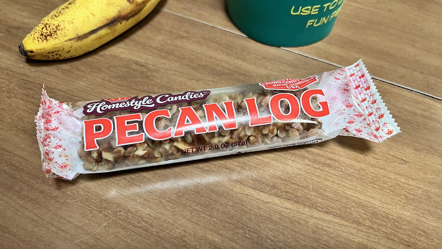 Moestyle Candies PECAN LOG candy bar, 2.0 oz., Crown Candy Corporation, Macon, GA 31206 USA