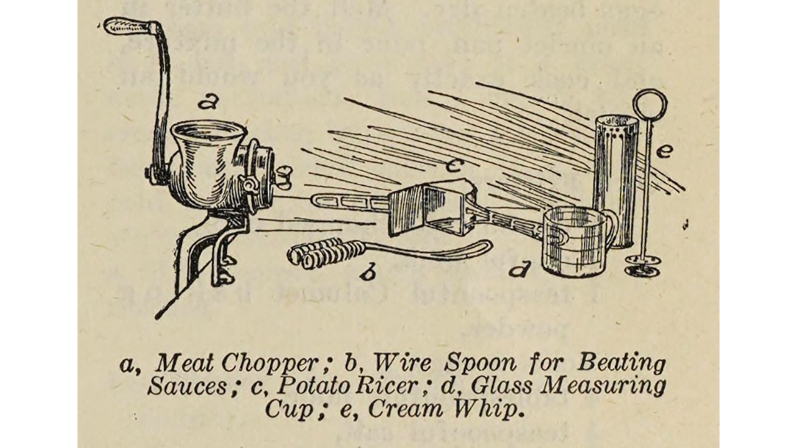 Line illustration of kitchen implements, labeled: a, Meat Chopper; b, Wire Spoon for Beating Sauces; c, Potato Ricer; d, Glass Measuring Cup; e, Cream Whip.
