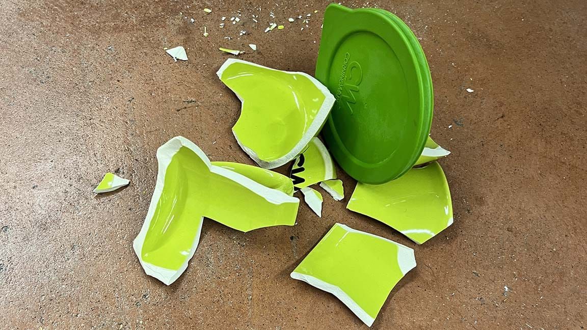 My lime green ceramic sealable mug/bowl shattered beyond repair 