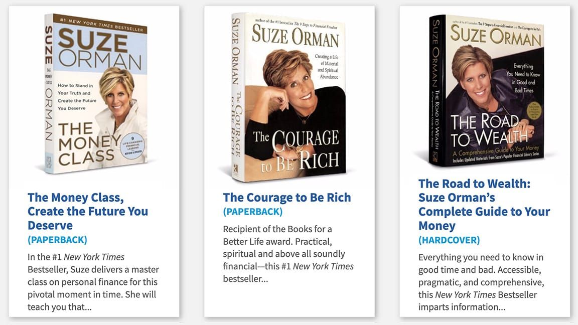 Suze Orman books THE MONEY CLASS, THE COURAGE TO BE RICH and THE ROAD TO WEALTH