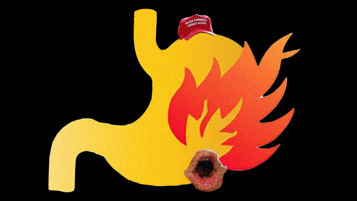 A cartoon of a flaming stomach with a little butthole mouth wearing a tiny MAGA ball cap 