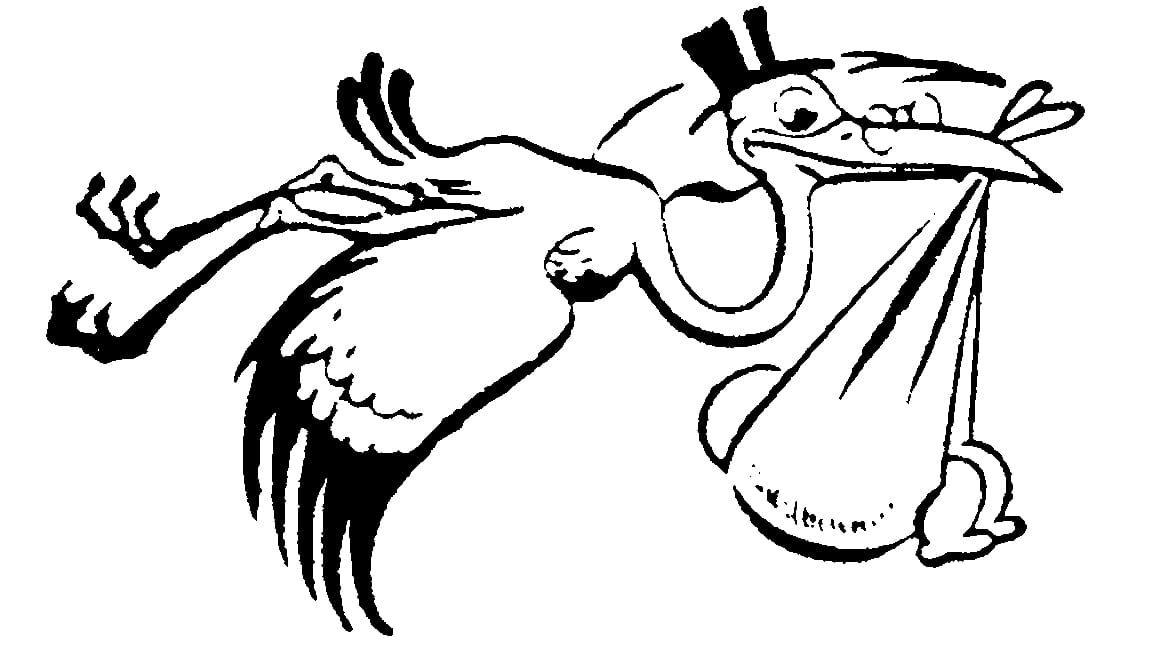 Cartoon of a stork carrying a baby in a cloth bundle