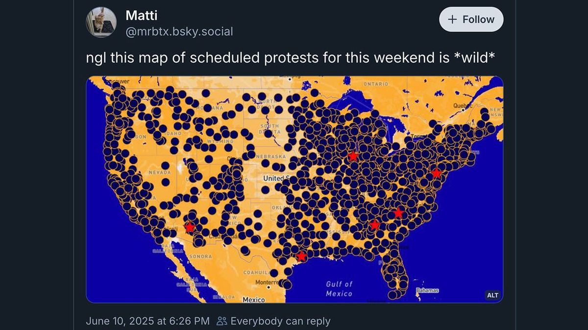 Screenshot of a post on Bluesky: Matti @mrbtx.bsky.social + Follow | ngl this map of scheduled protests for this weekend is *wild* | June 10, 2025 at 6:26 PM