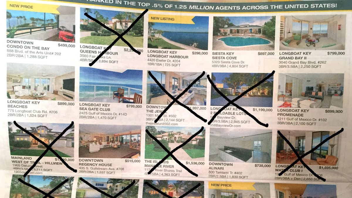 Page from real estate listings with a spray of million-dollar dream homes and some of them are crossed-out.