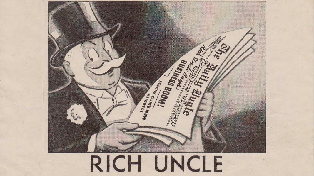 Illustration of Monopoly man wearing a top hat, carnation and big white moustache reading his newspaper, The Daily Bugle (headline: BUSINESS BOOM!), in instructions for board game RICH UNCLE.