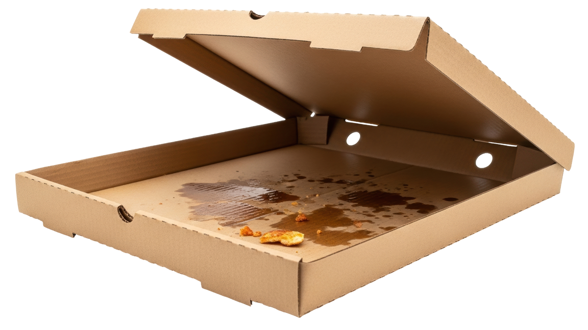 An empty greasy pizza box