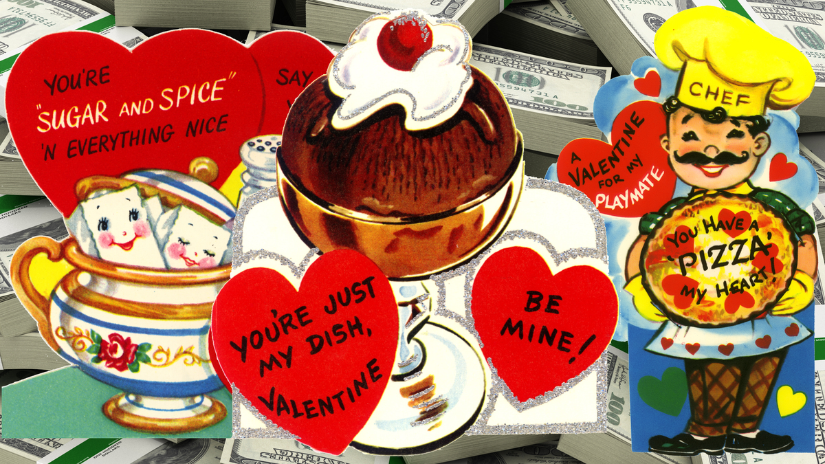 Corny old valentines: YOU HAVE A PIZZA MY HEART - YOU'RE MY DISH (ICE CREAM) - YOU'RE "SUGAR & SPICE" (SUGAR BOWL