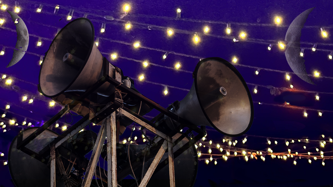 PA loudspeakers surrounded by lights. Two moons in the night sky.