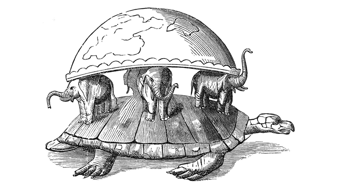 Line art of a turtle holding up four elephants holding up a half-dome of the Earth.