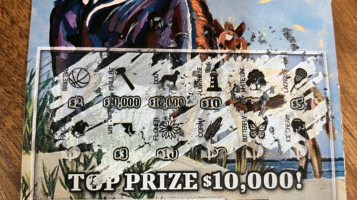 A scratched-off MARYLAND TREASURES scratch-off (Assateague ponies art) revealing a $3 prize