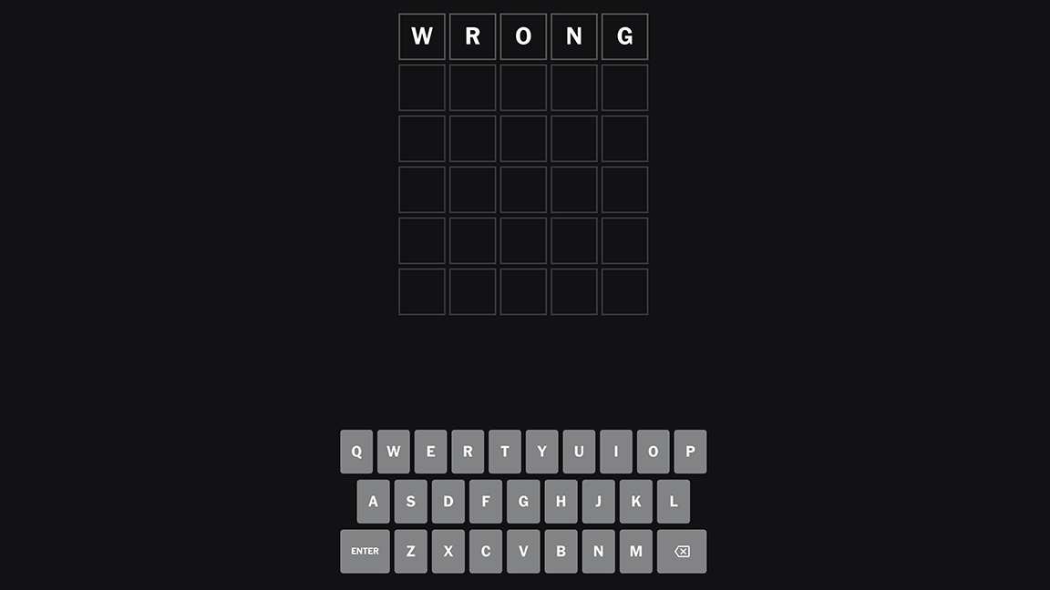 The Wordle puzzle interface with the first five-letter guess: WRONG