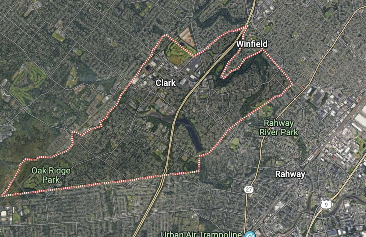 From Google maps, aerial view of Clark, NJ. Nearby locations are OAK RIDGE PARK, RAHWAY, and WINFIELD