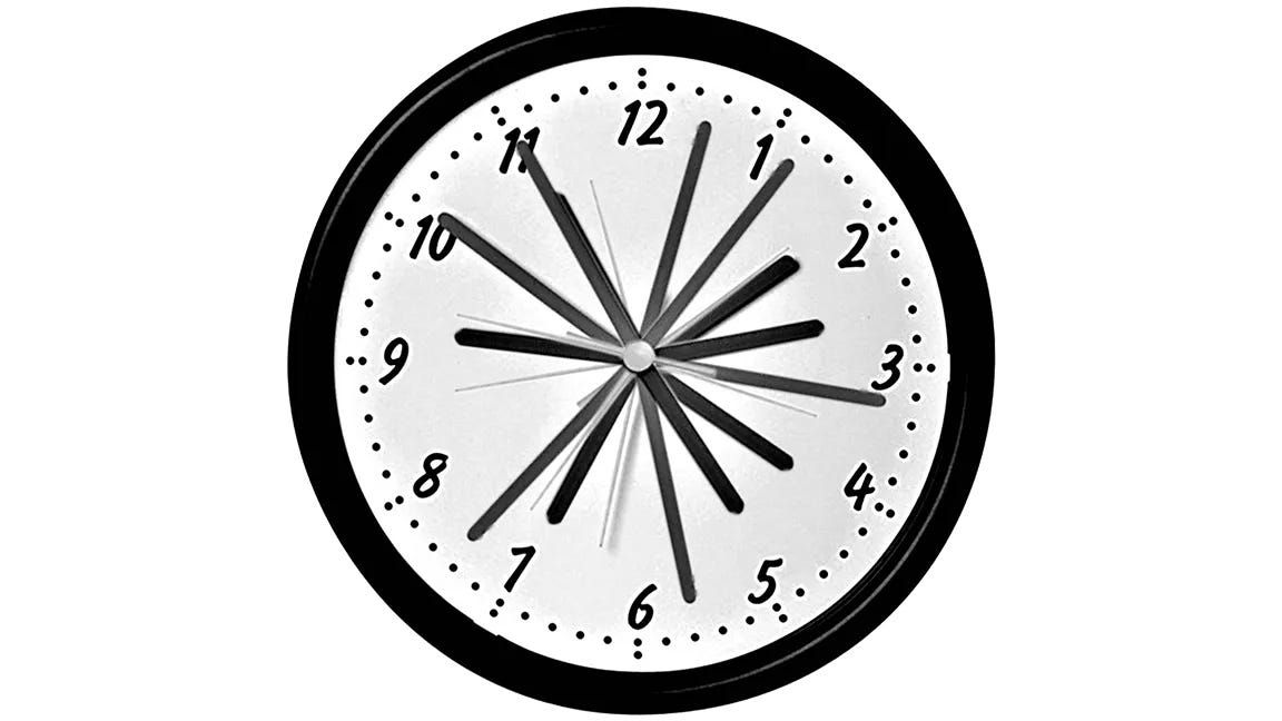 A clock with too many hour-hands and too many second-hands and too many minute-hands