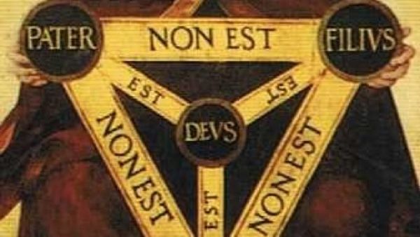 Cropped to show words PATER, FILIVS, DEVS, with bridges between those words labelled NON EST and EST
