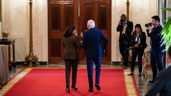 Harris and Biden viewed at a distance from behind on red carpet three photographers on their right