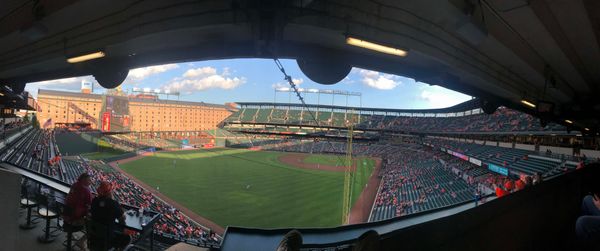 A panoramic shot of the interior of Oriole Park at Camden Yards as it fills with spectators