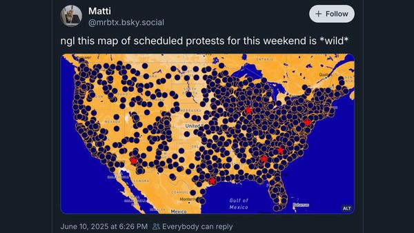 Screenshot of a post on Bluesky: Matti @mrbtx.bsky.social + Follow | ngl this map of scheduled protests for this weekend is *wild* | June 10, 2025 at 6:26 PM