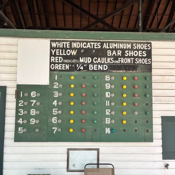 An ancient and unused illuminated sign system denoting ALUMINUM SHOES, BAR SHOES, MUD CAULKS, and 1/4" BEND