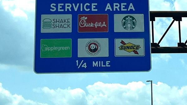 SERVICE AREA sing on the Turnpike. SHAKE SHACK, CHICK-FIL-A, STARBUCKS [LOGO], APPLEGREEN, PANDA EXPRESS, SUNOCO