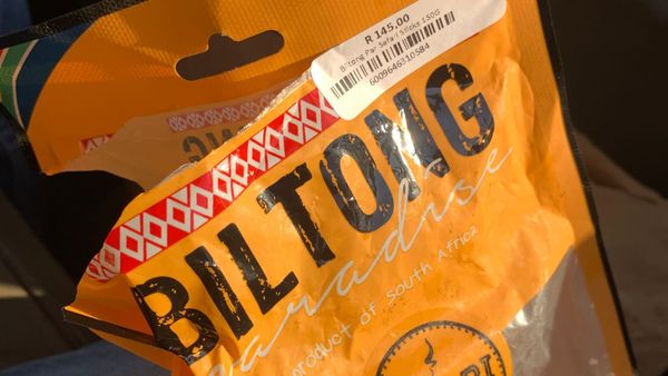 An open bag of BILTONG PARADISE PRODUCT OF SOUTH AFRICA