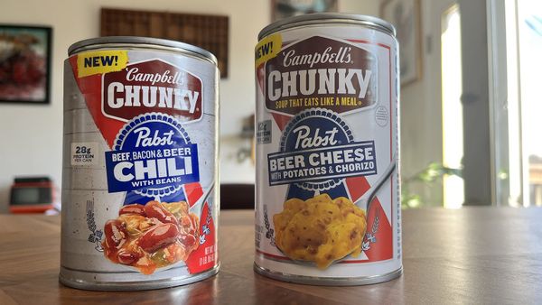 Cans of NEW! Campbell's CHUNKY Pabst BEEF, BACON & BEER CHILI WITH BEANS and NEW! Campbell's CHUNKY SOUP THAT EATS LIKE A MEAL Pabst BEER CHEESE WITH POTATOES & CHORIZO